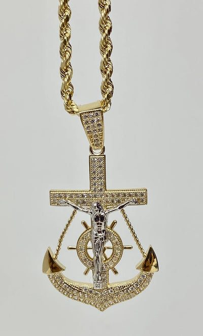 14k Gold Anchor with stones , iced out ( pendant or chain set )