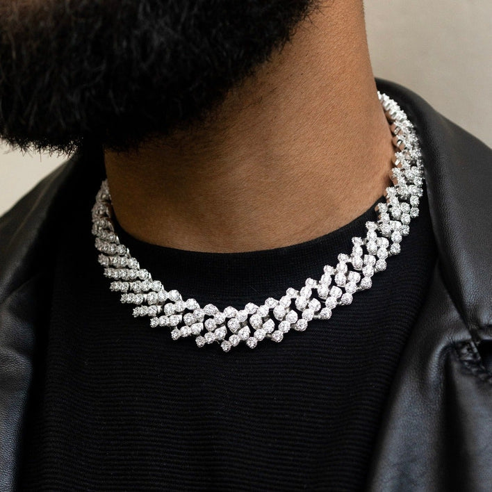 Diamond Clustered Cuban Necklace 12mm- Sterling Silver