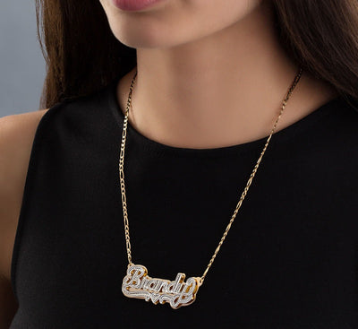 Diamond Accent Hammered Name and Heart Ribbon Accent Plate Necklace in Sterling Silver and 10k/14K Gold Plate